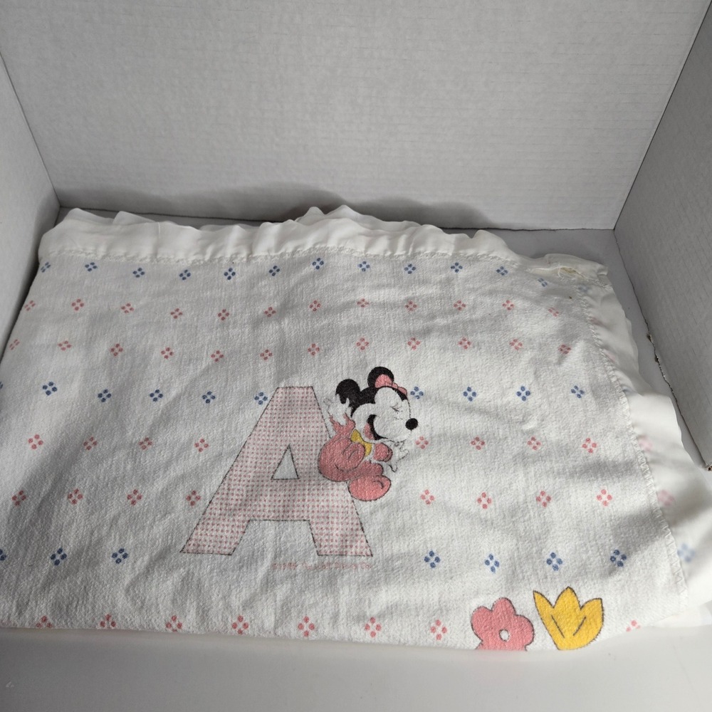 Disney Dundee Mickey Minnie ABC Baby Blanket Cotton Satin Edge Vtg 1984 READ